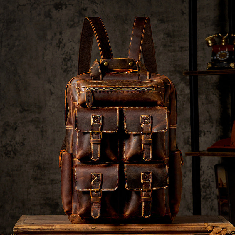 17" Retro Leather Laptop Travel Backpack, Full Grain Leather Backpack for School, Christmas gifts