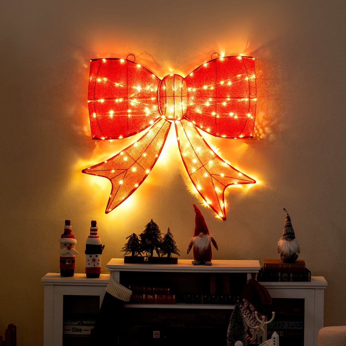 37 Inch Lighted Christmas Bow Decoration with Warm White LED Lights