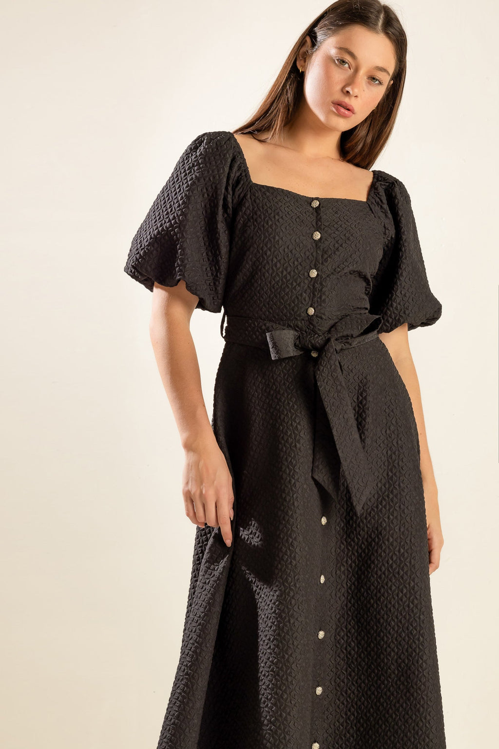 NOIR HERITAGE BLACK TEXTURED BUTTON-FRONT BELTED MIDI DRESS