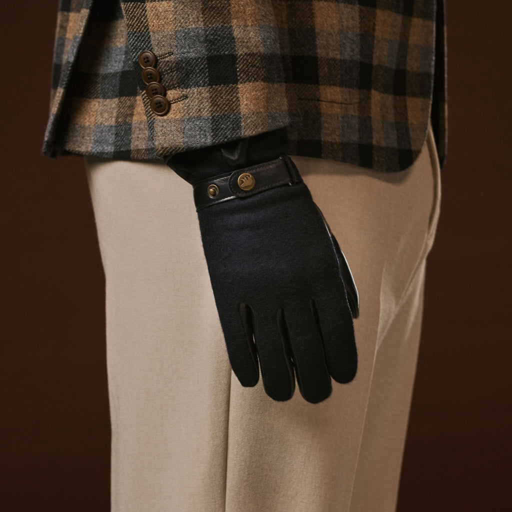 Fabrizio (navy blue) - Tweed men's gloves with touchscreen capability and adjustable snap button