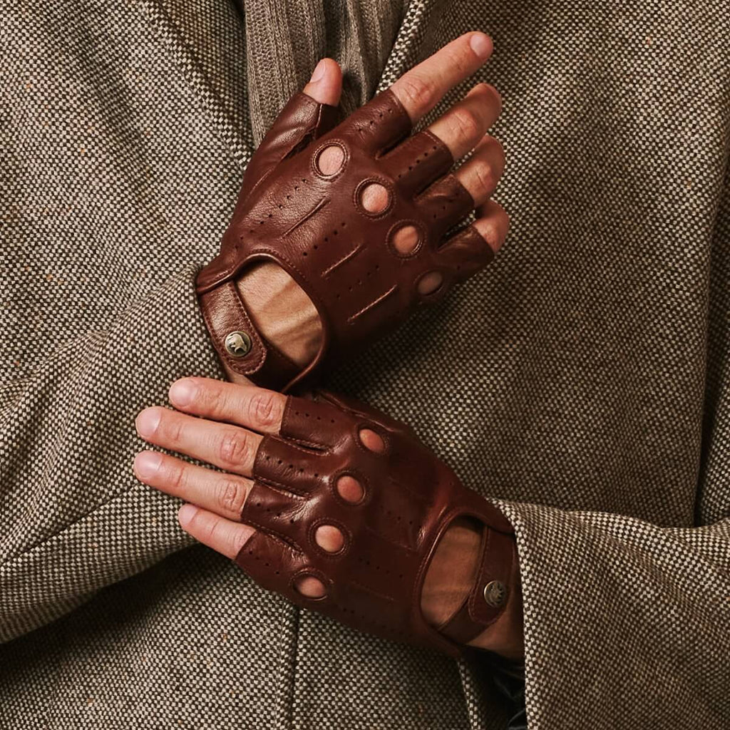 Giuseppe (brown) - Italian lambskin fingerless leather driving gloves