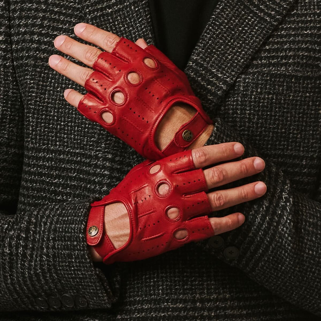Giuseppe (red) - Italian lambskin fingerless leather driving gloves
