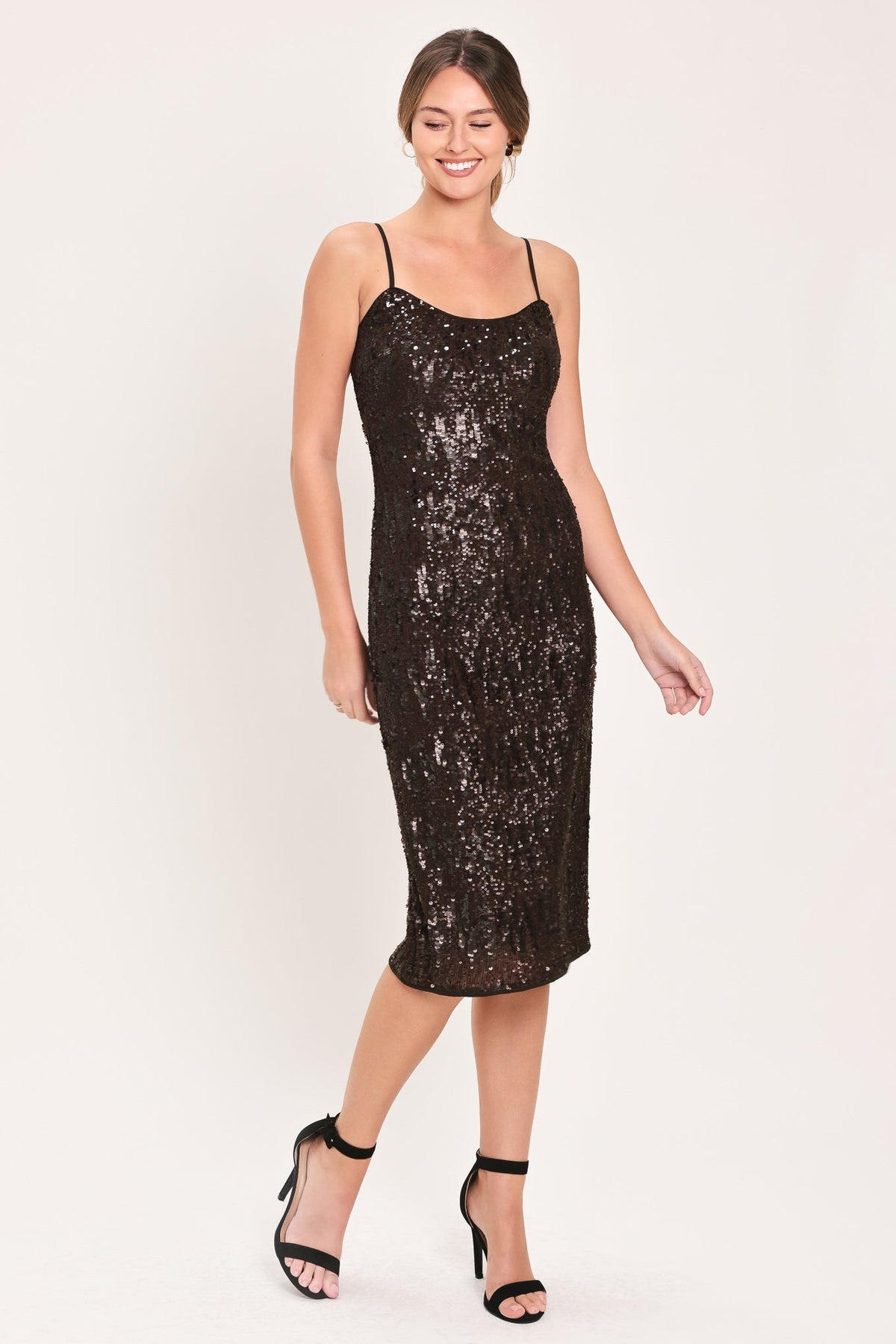 BRONZE AFTERGLOW BROWN SEQUIN SLIP MIDI DRESS
