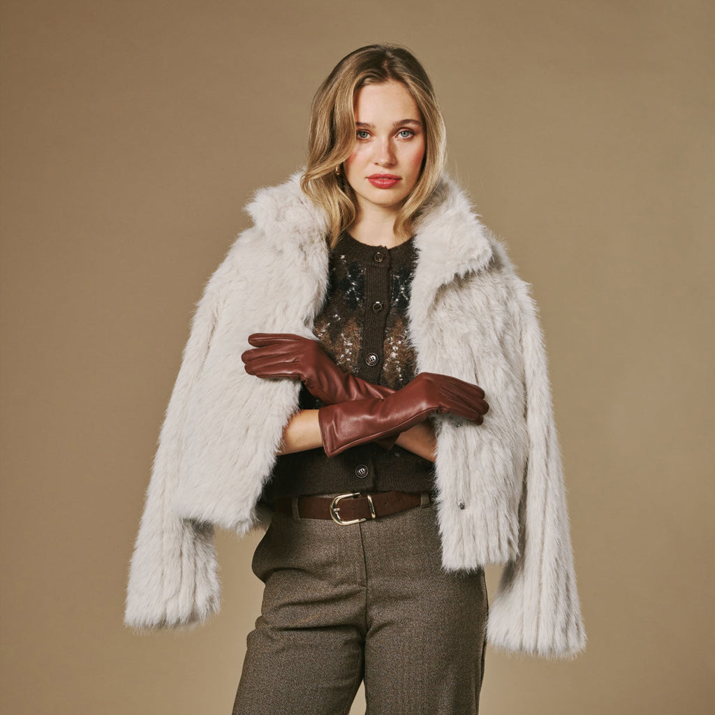 Skylar (brown) – Extra-long sheepskin leather gloves with wool/cashmere lining & touchscreen capability